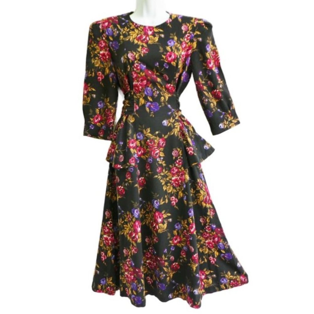 Vintage Midi Romantic Dress Floral Peplum Zipper Back Leslie Fay Wide Tie Belt